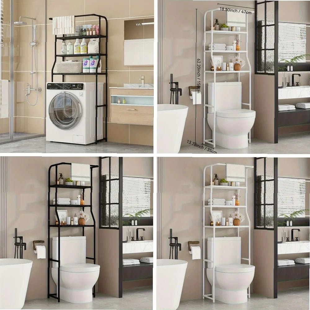 Multi-Layer Metal Storage Rack for Bathroom & Balcony, Washing Machine Shelf with Toilet Paper Holder, Space-Saving Organizer