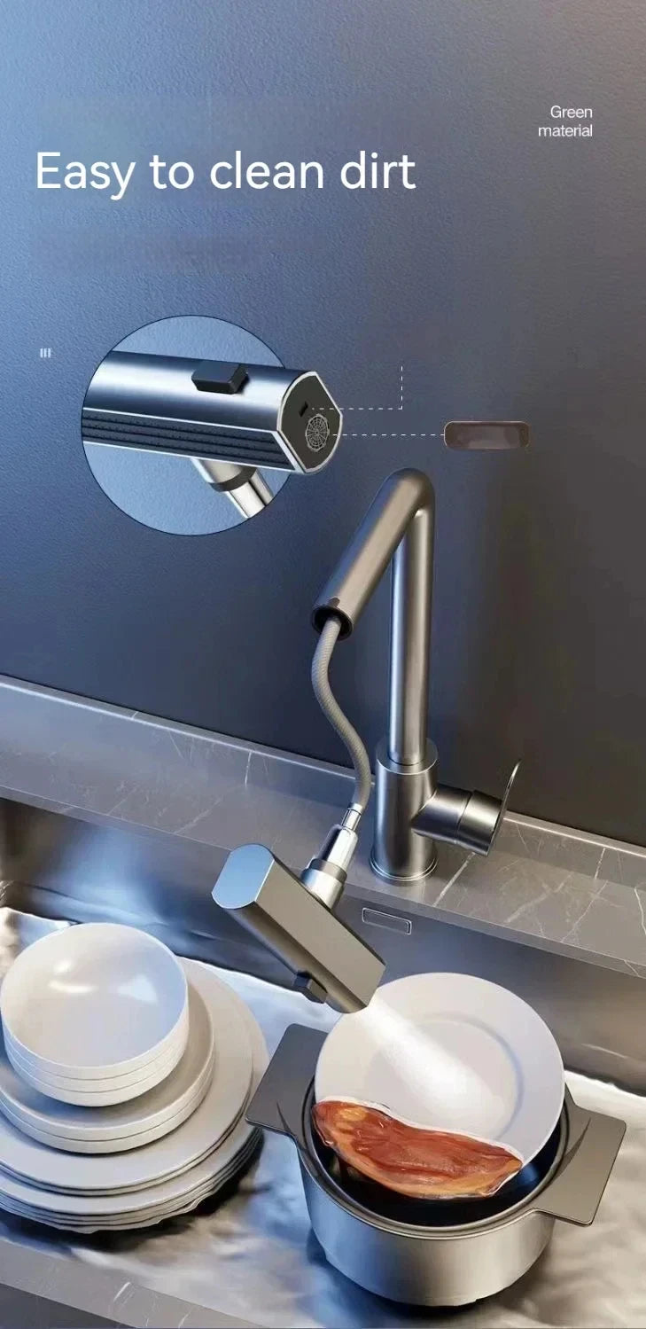 Kitchen Pull-out Flying Rain Waterfall Faucet Hot and Cold Faucet 304 Stainless Steel Single Hole Kitchen Faucet Bathroom