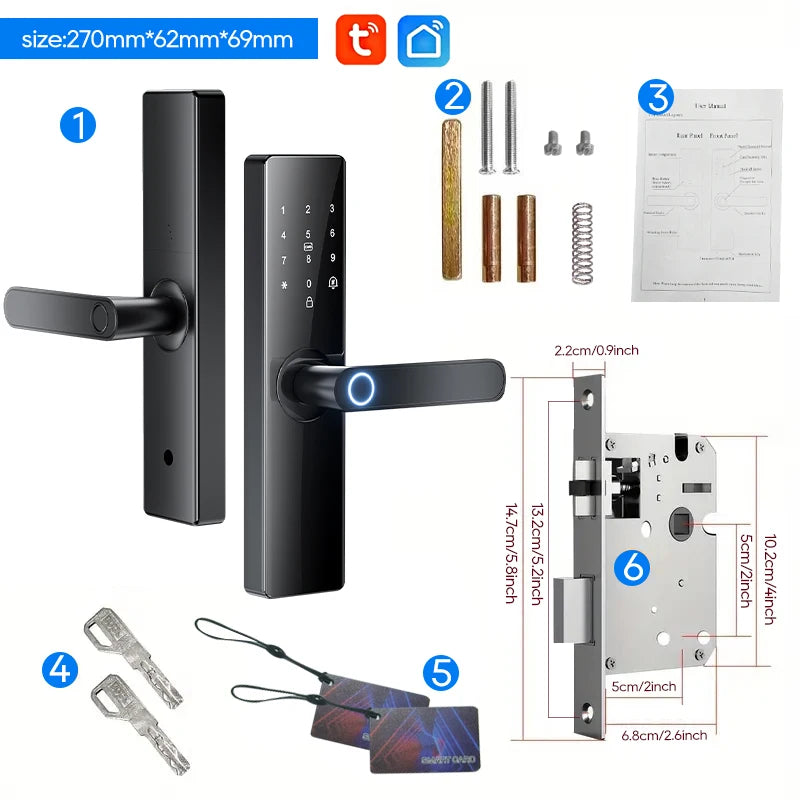 Smart Electronic Door Lock Fingerprint Biometrics Application Control Smart Card Key Access and USB Emergency Charging Smartlock