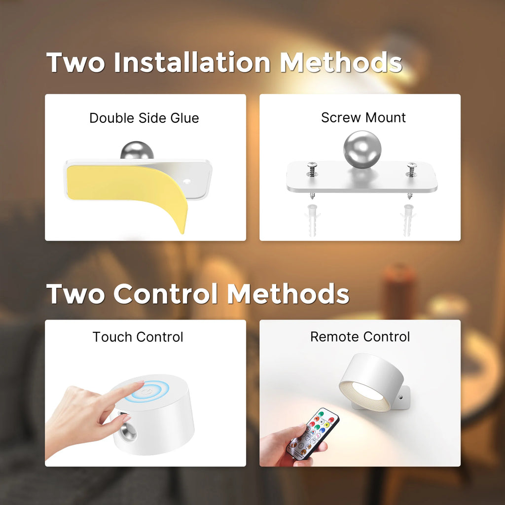 RGB Wall Lights with Remote and 19 Colors, 360° Rotation & 2000 mAh Battery, Dimmable Brightness &Touch Control for Bedroom/Gift