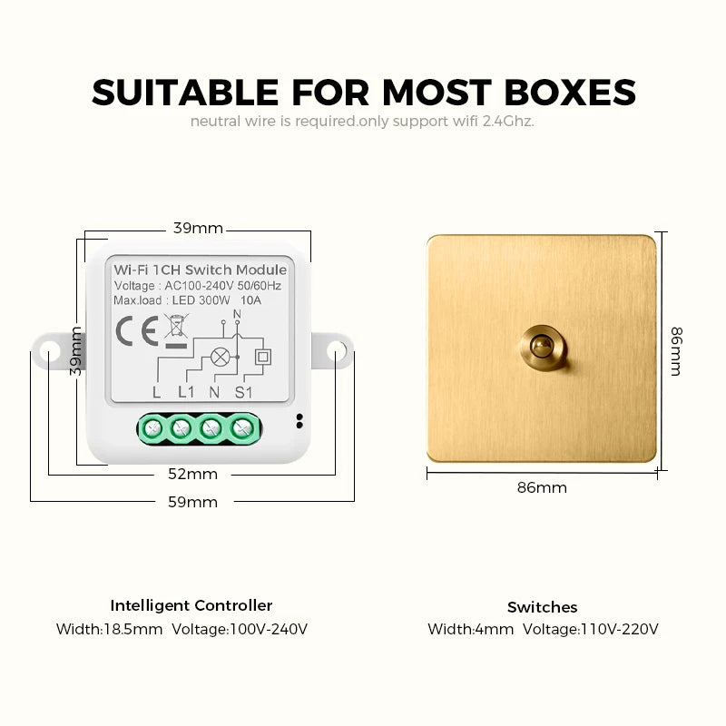 Avoir Tuya Smart Life Home Control Mini Wifi Module Wireless Gold Light Switches 1-4 Gang 2 Way Alexa Rocker Toggle Switch 220V