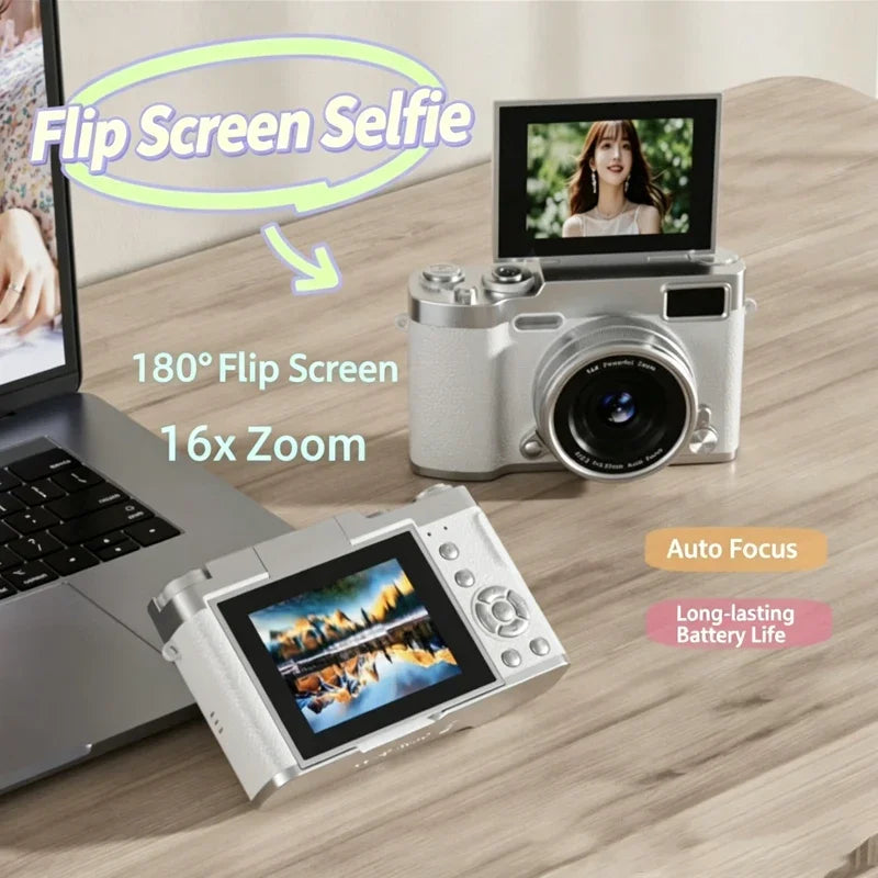 4K Flip Screen CCD Digital Camera 16X Zoom 1080P HD Vlogging Camera Travel Portable Digital Camera with Autofocus Beauty Filter
