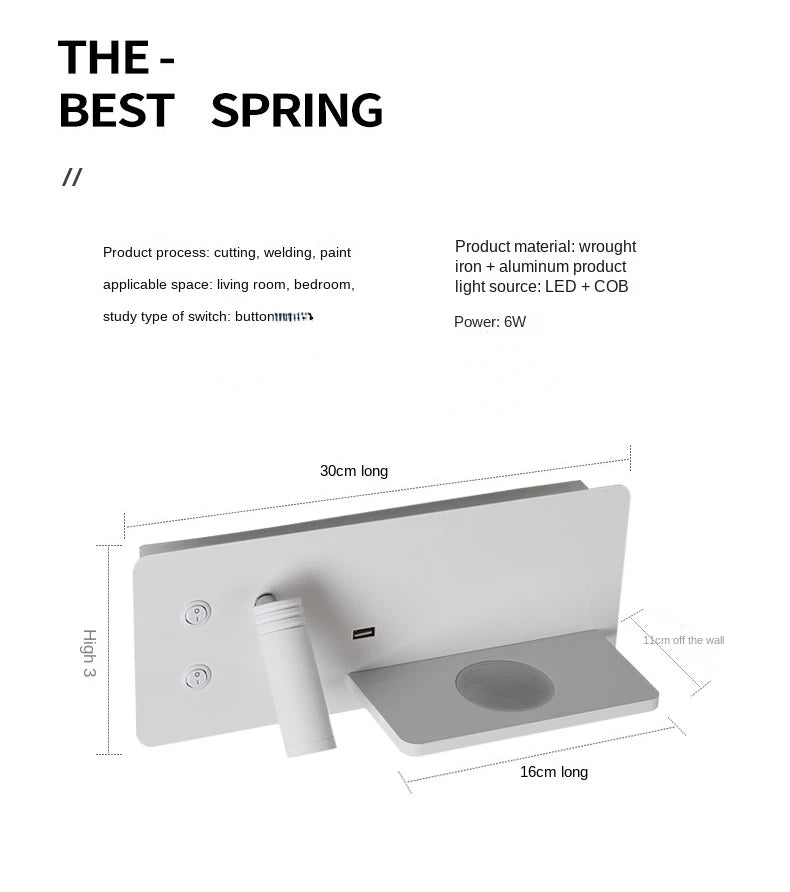 Multi functional wall lamp with switch, USB interface, LED mobile phone wireless charger, reading wall lamp, bedroom night light