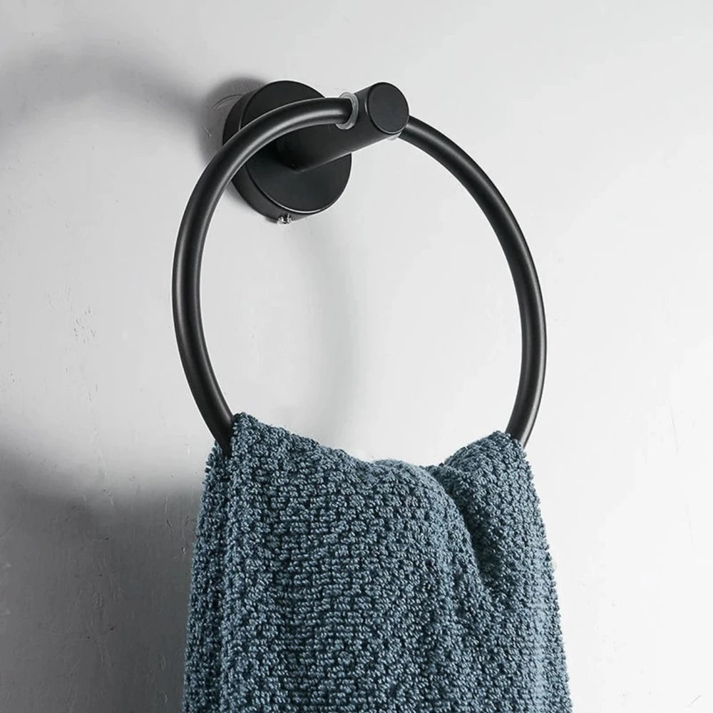 Black/Brushed Gold Stainless Steel Towel Ring Wall Hanging Round Towel Holder with Drill Hole Bathroom Storage Rack Accessory