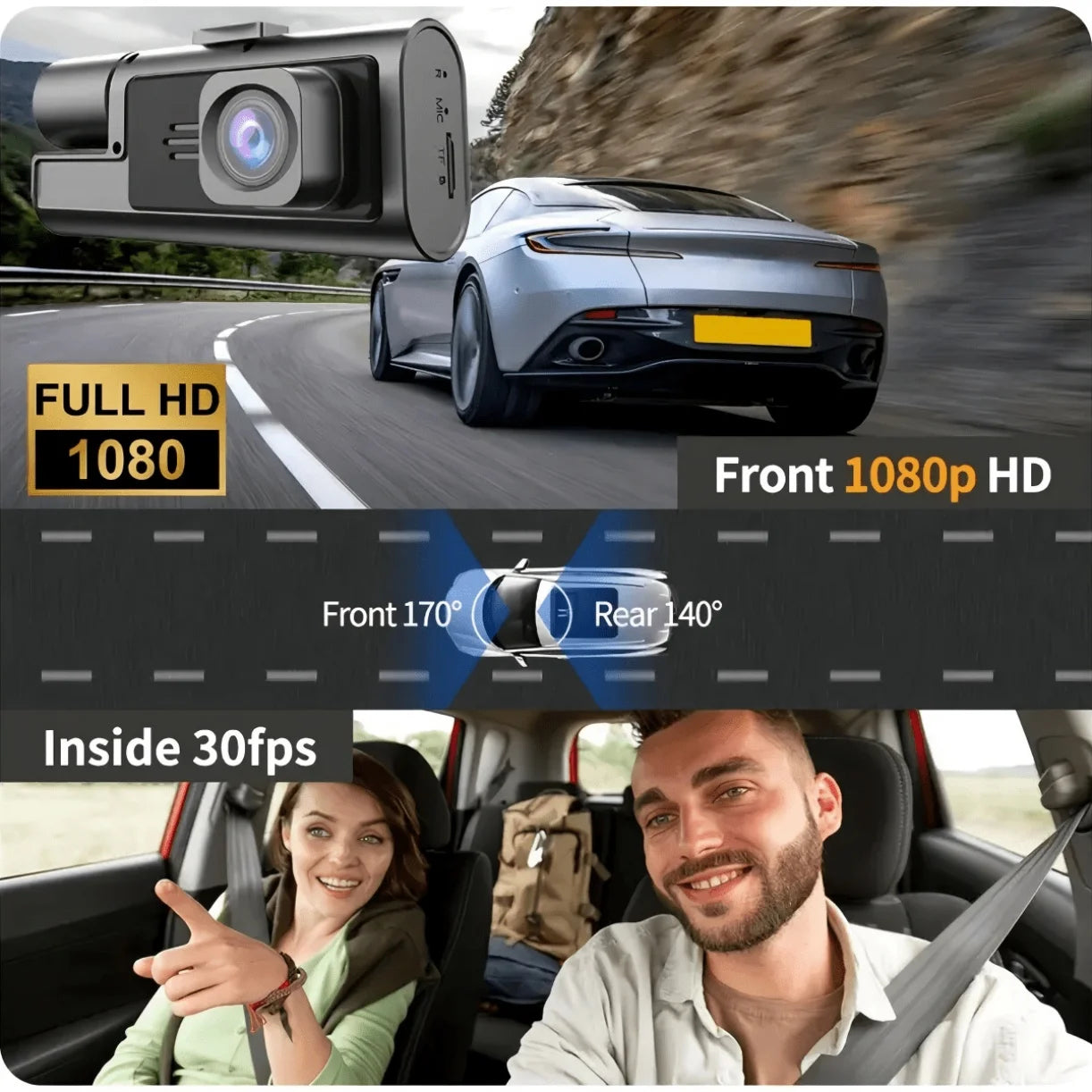 Three-Camera Dash Cam (Front/Interior/Rear), 1080p In-Car Camera, with Parking Mode, Universal Fit