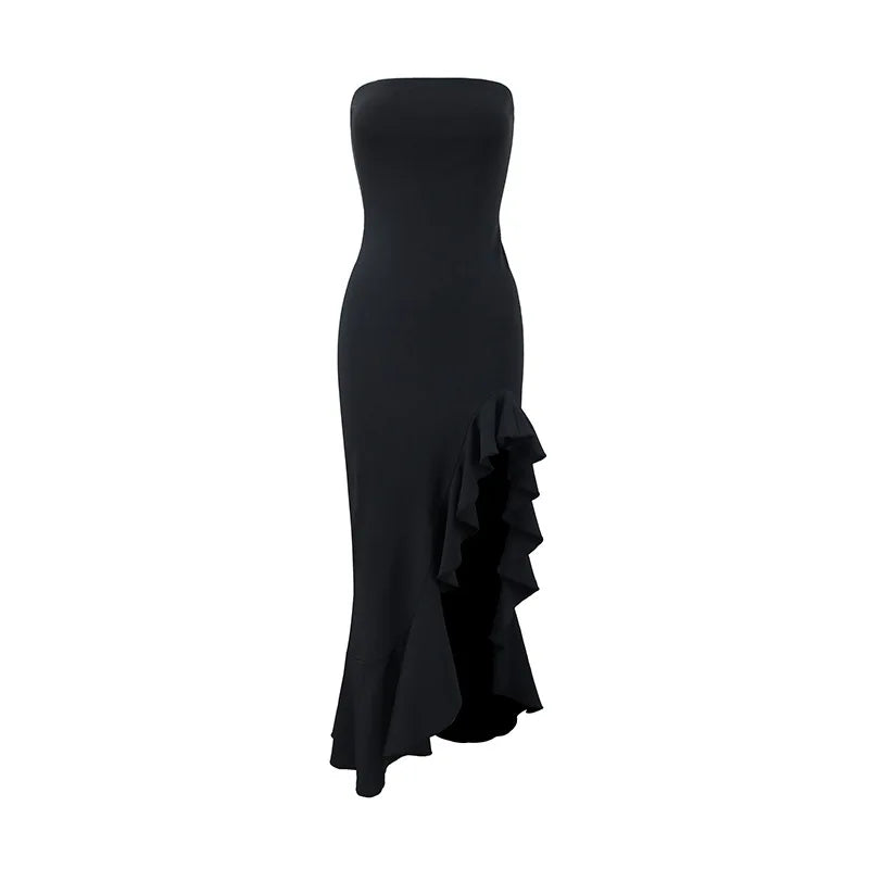 Fashion Off-shoulder Strapless Backless High Split Maxi Dress Sexy Solid Sleeveless Bodycon Boho Gown Summer Party Holiday Ware