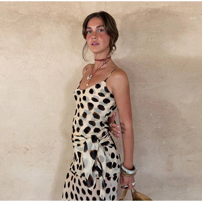 Vintage Print Maxi Dress Square Neck Spaghetti Strap Sleeveless Off Shoulder Detachable Wrap Tie Sash Dresses 2026 Chic Outfits