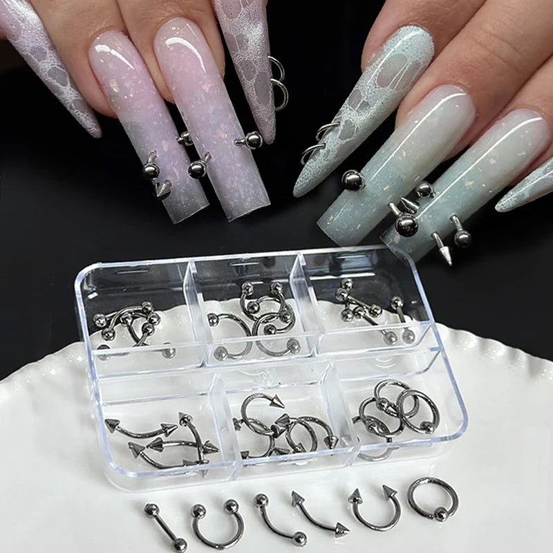 30pcs/box 6 Grids Nail Piercing Punk Charm Metal Alloy Pierced Black/White Nail Jewelry Decor 3D Nail Supply For Cool Girl