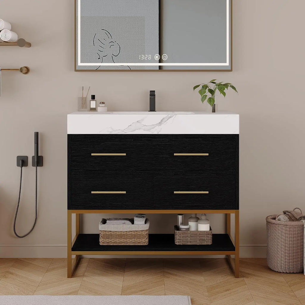 36" Bathroom Vanity with Sintered Stone Countertop – 1 Flip-Up Drawer + 2 Soft-Close Drawers + Open Shelf, Multi-Layer, Custom
