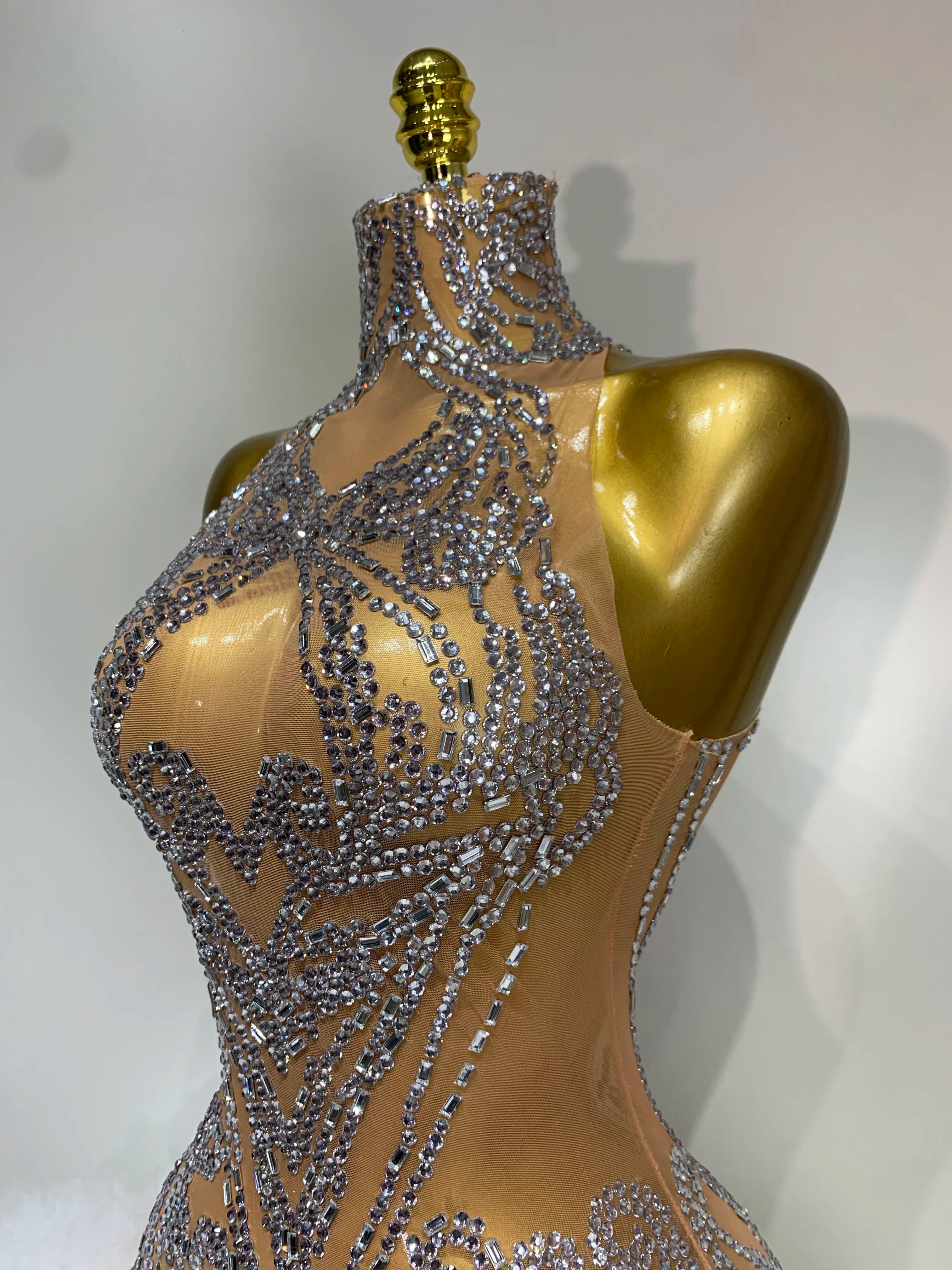 Luxury Women Sexy Sparkly Rhinestone Sleeveless Mesh See Through Bodycon Mini Birthday Dress Evening Party Performance Costume