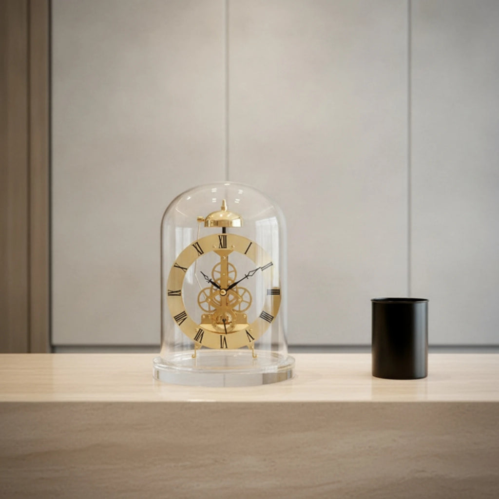 Clock with Glass Dome Mechanical-Style Quartz Skeleton Clock Retro Chiming for Collectors Living Room Home Office Decoration