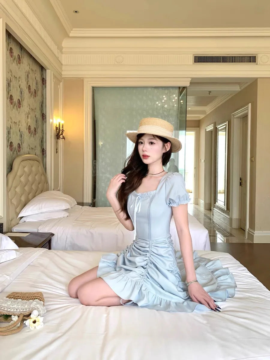 Sweet Pure Desire ort Skirt Summer Slimming Waistline Red Square Collar Long Dr Women's Faionable Versatile A-Line Dr