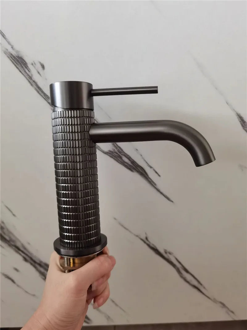 Brushed Rose Gold Bathroom Faucet Brushed Gold Basin Faucet Art Carved Sink Tap Hot & Cold Grey Lavatory Faucet Crane Water Tap