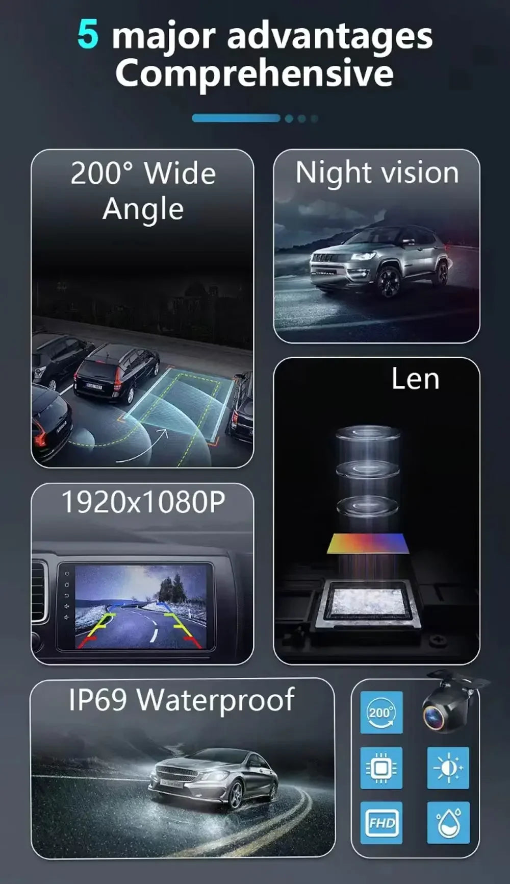 AHD 1920x1080P Car Rear View Camera 200° Fisheye Golden Lens Full HD Night Vision Vehicle Back Car Reversing Front Camera