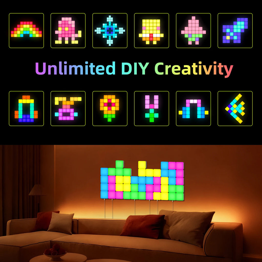 Smart Grid LED Wall Light Kit - RGB Color Changing with App & Music Control, DIY Creative Backlit Panels for Gaming Room & Bedro