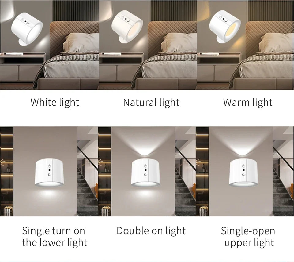 LED Wall Light Rechargeable Touch Double Head Wall Lamp 360 Rotatable 3 Colors Sconces Light Wireless Night Lights For Bedroom