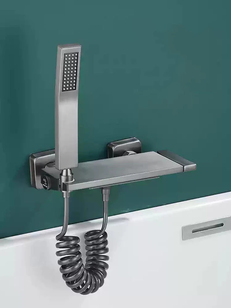 Brushed Gold Waterfall Bathtub Shower Faucet Set Bathroom Bathtub Mixer Taps Hot and Cold Shower Faucet Wall Mounted Bathtub Tap