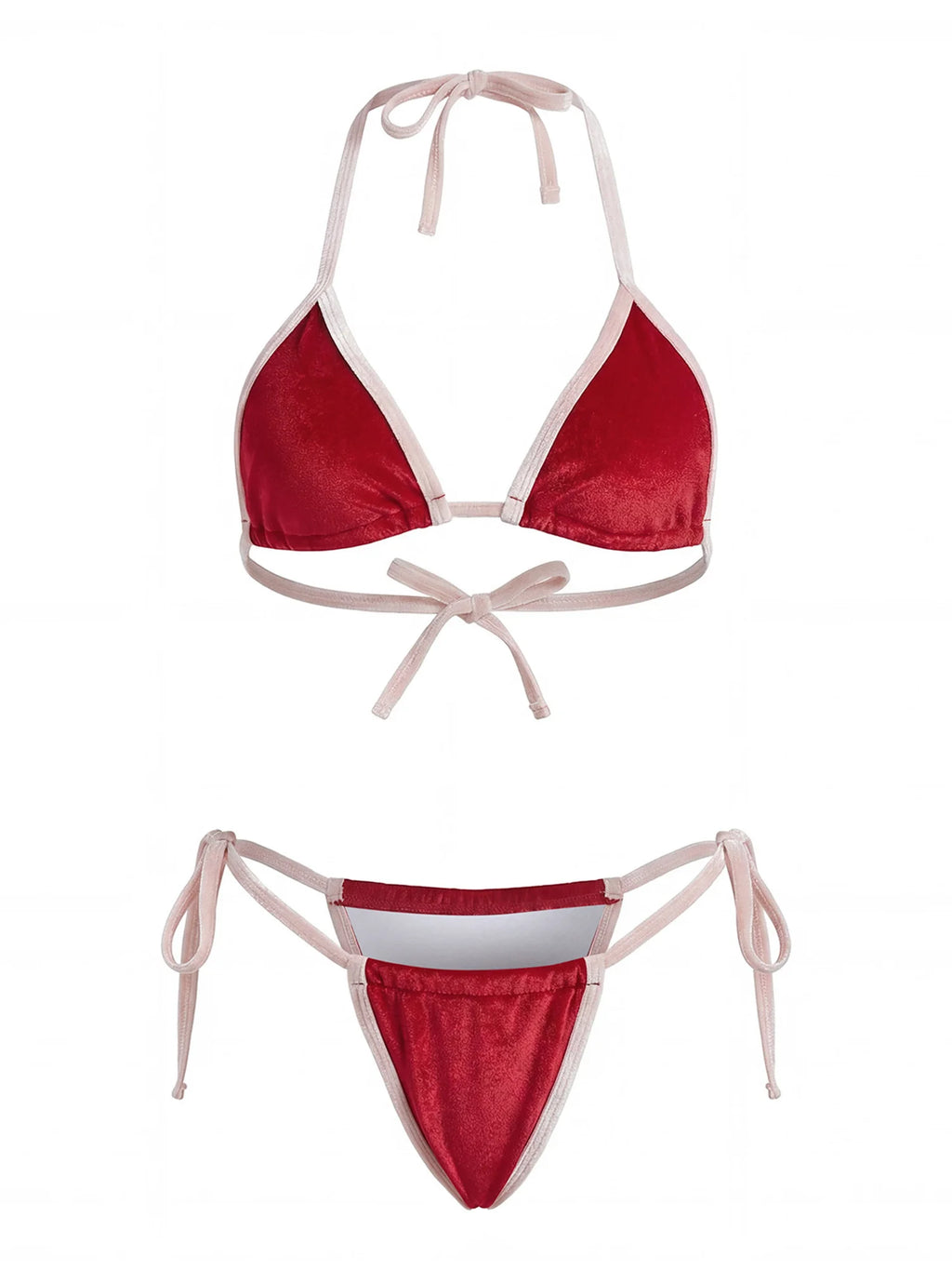 Women's Summer Beach Bikini Set Burgundy Velvet Pink Contrast Trim Triangle Top Halter Neck Thong Bottom