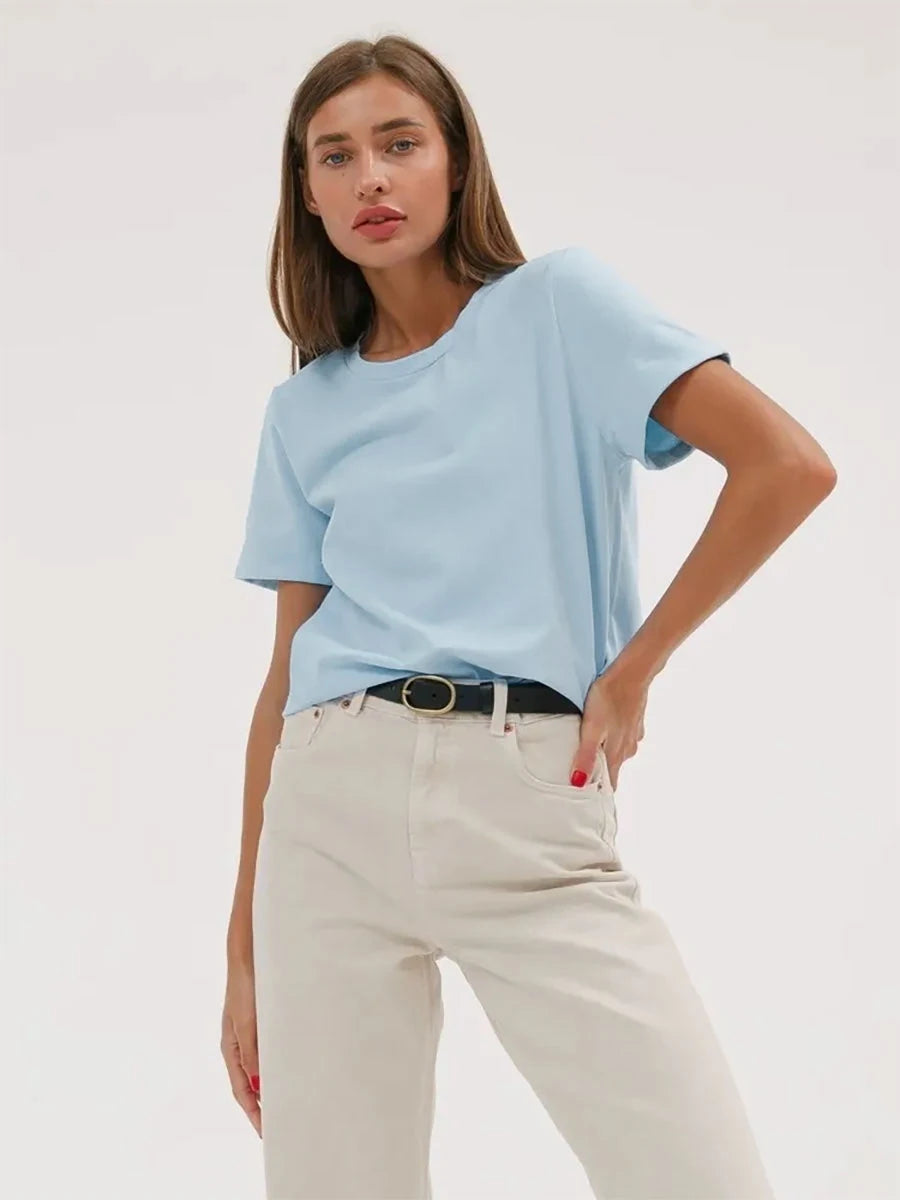 Cross border hot selling cotton T-shirt with round neck and short sleeves for European and American women loose basic top