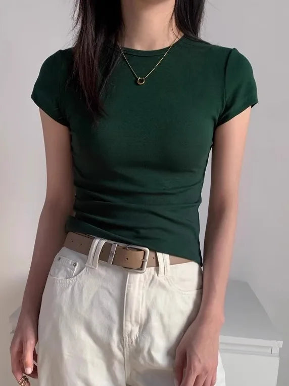 Green Slim Fit Short Sleeve T-Shirt Women's Summer New Style Pure Cotton round Neck Body Shaping Slimming Commute Style Korea...