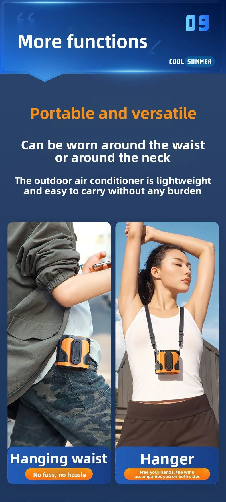 Waist-mounted electric fan with digital display, portable, suitable for outdoor travel, low noise, strong wind, neck-hanging fan