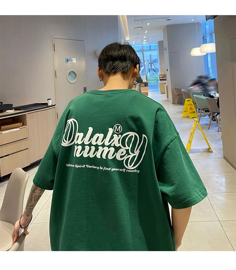 Forest Green Heavyweight Cotton American Style Men's T-shirt Short Sleeve Vibe High Street Seven Sleeve Summer T-shirt