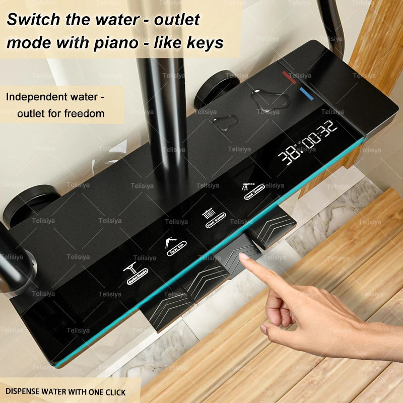 Gun Grey Bathroom Shower Set Digital Display FourFunction Shower System Rainfall Pressurized Piano Key Shower Faucet Set