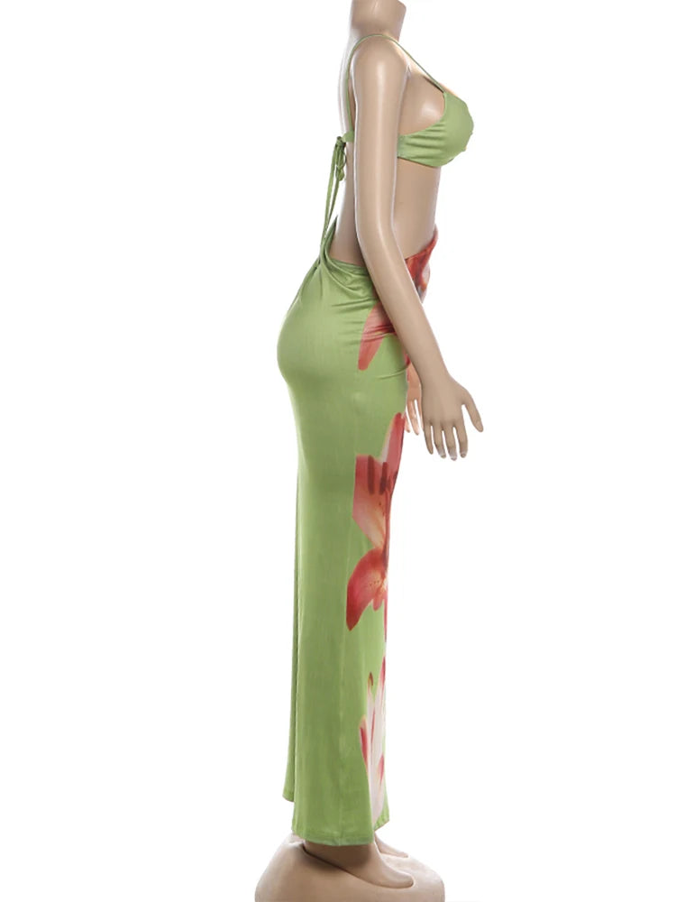 Nibber Elegant Vacation Long Dress Woman Metal Decoration Floral Print Low-Neck Hollow Navel Exposed Design Beach Style Vestidos