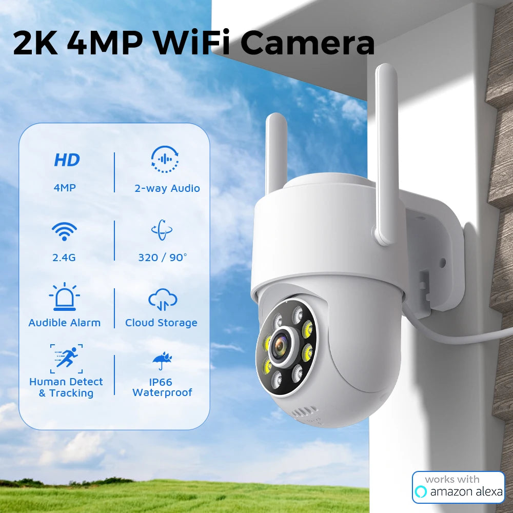 4MP 2K Wifi IP Camera HD ICsee Outdoor Surveillance Camera IP66 Waterproof Night Vision Human Detection Alert Home Security CAM