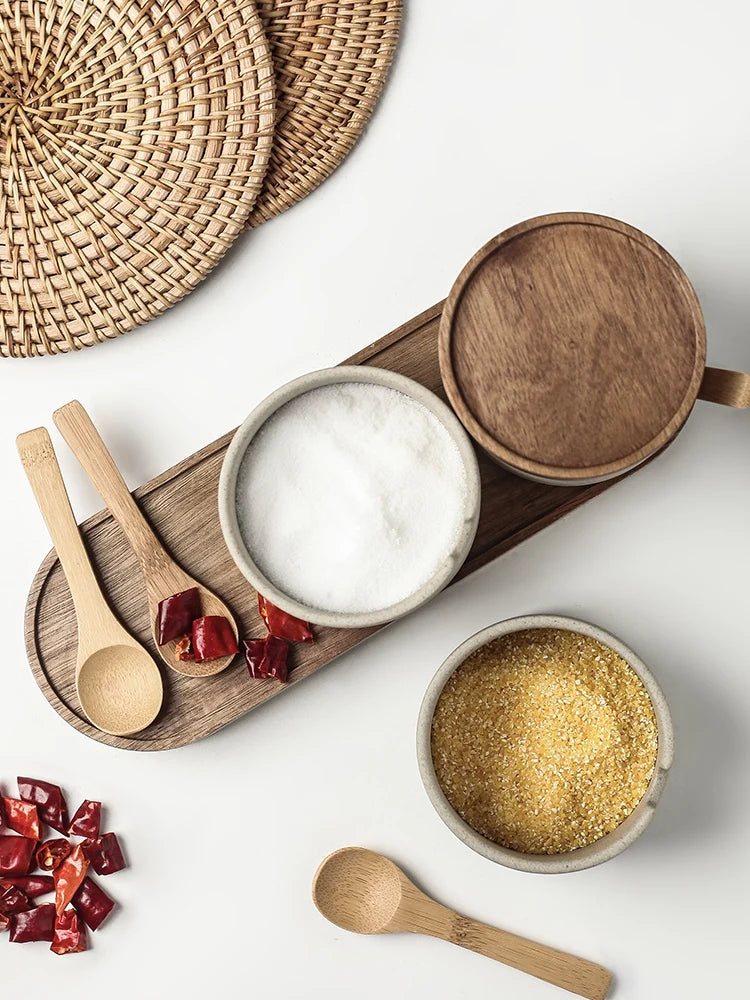 JUSTINLAU Ceramic Seasoning Jar Japanese Spice Container with Bamboo Lid Spoon Home Oil Pot Seasoning Bottle Tray Kitchen Tools