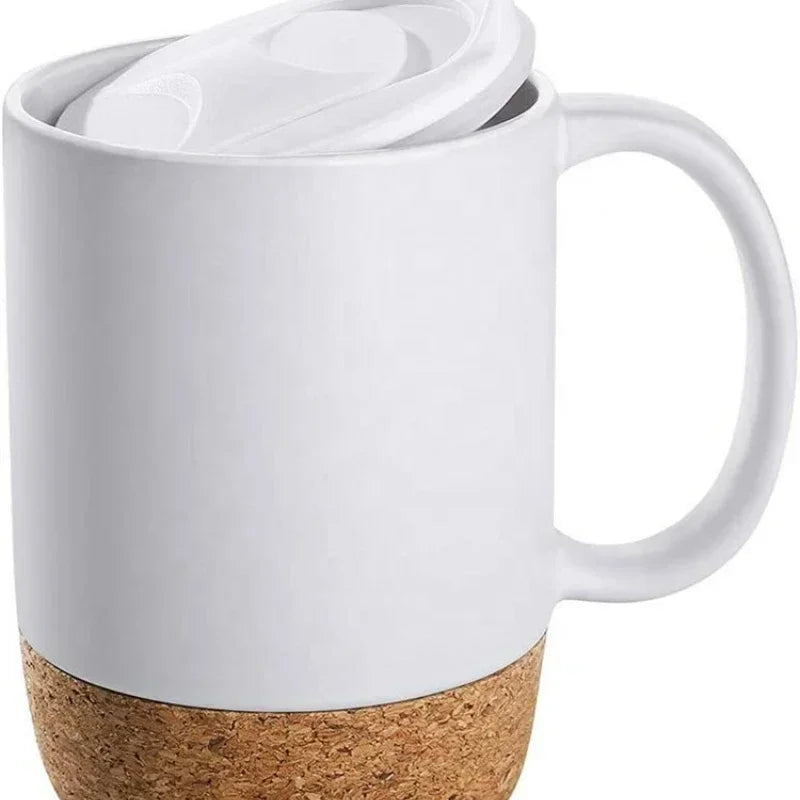 Simplicity Ceramic Cork Bottom Coffee Mug with Lid Splash Proof Heat-resistant Matte Plain White Black Cork Base Bottom Tea Cup