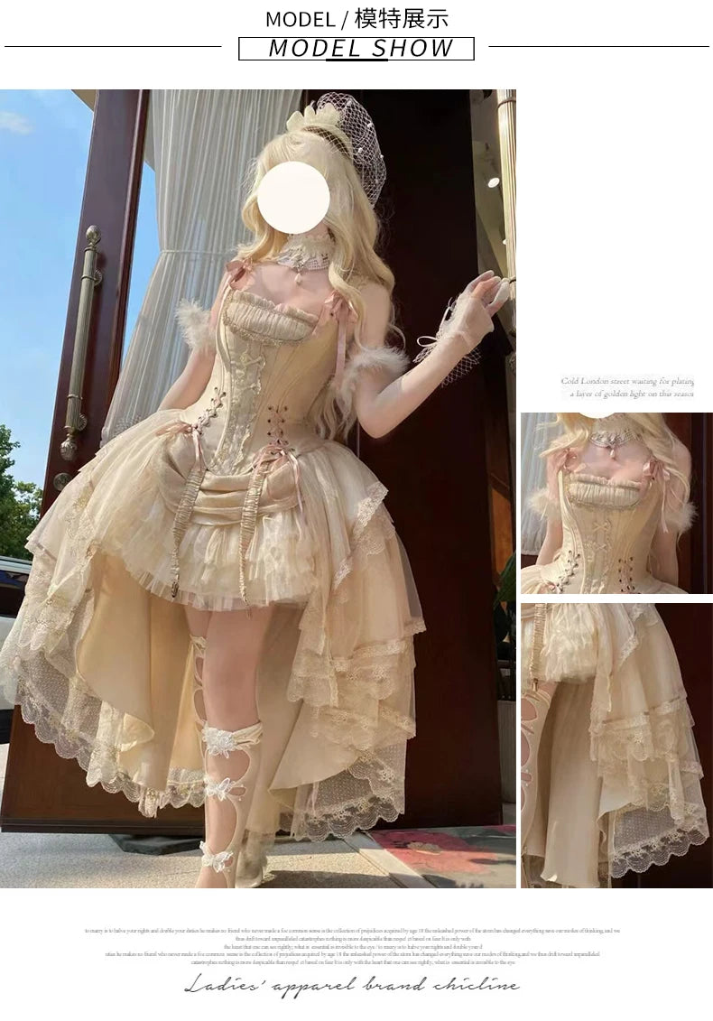 Princess Lolita Evening Dress Champagne Gold Front Short Back Long Gorgeous CLA Dress Vintage Fairy Lolita Birthday Party Dress