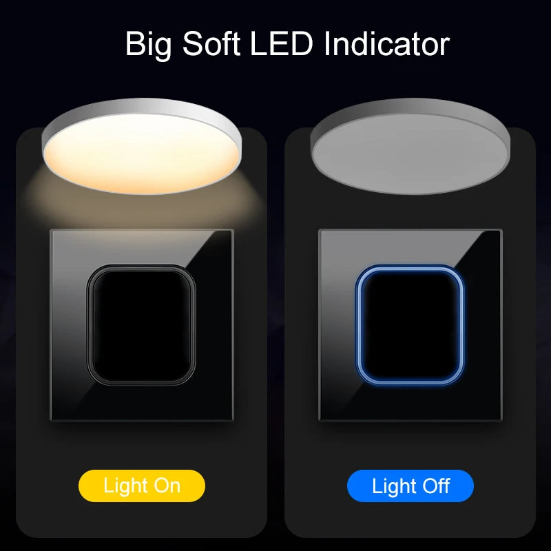 Wallpad 1 2 3 4 Gang Wall Light Switch 1 2 Way Black Glass Impulse Momentary Switch LED Indicator