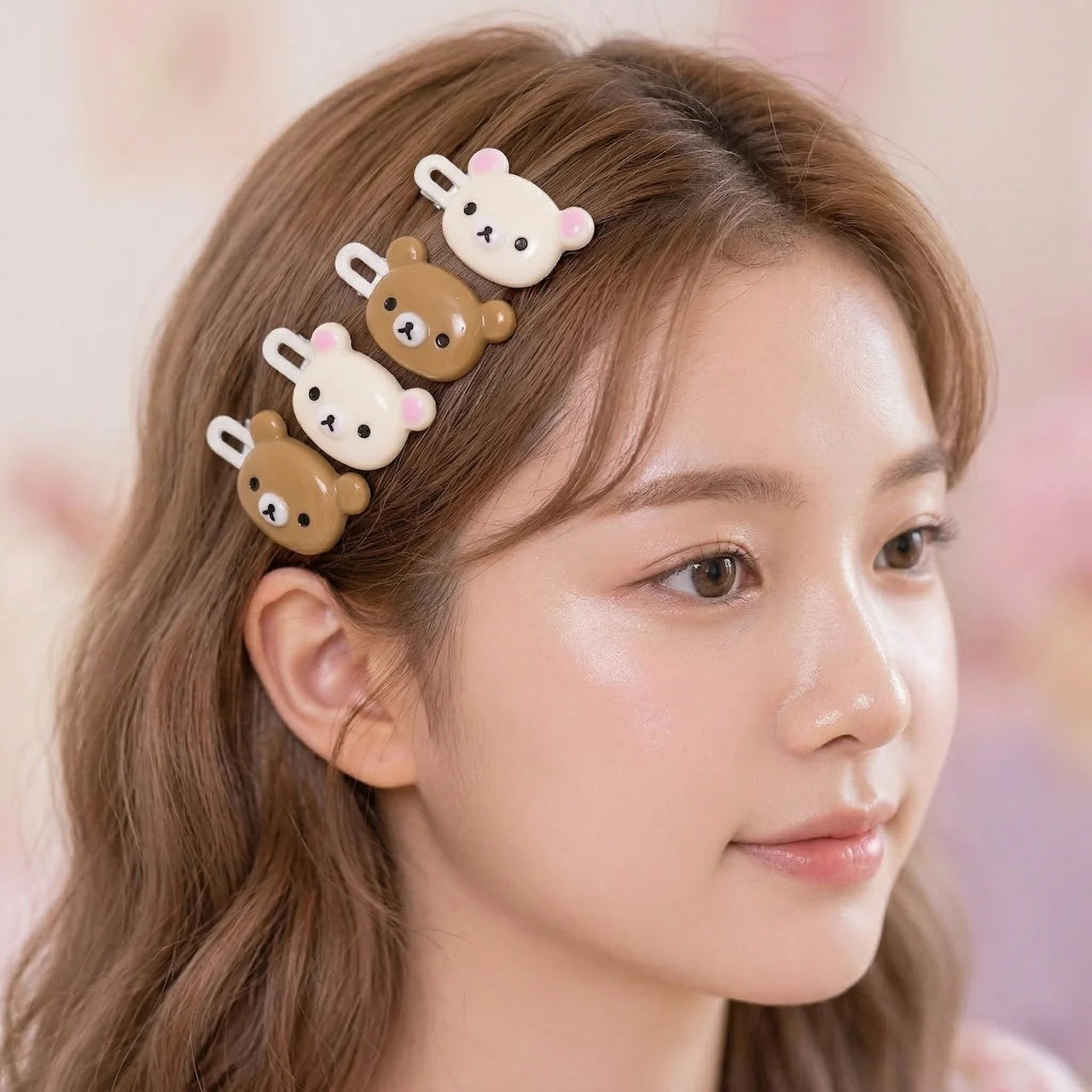 Cute Bear Hair Clips 4pcs Set - Korean Style Kawaii Bear Hairpins for Girls Women - Pink Brown Bear Hair Accessories Gift