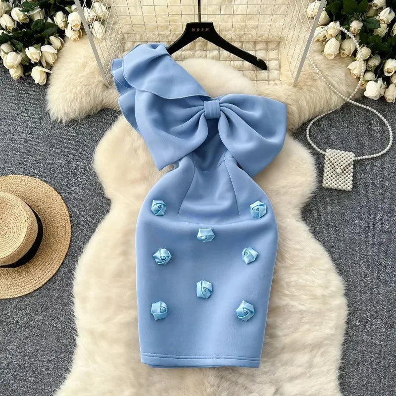 Women Diagonal Collar Vintage Ruffle Sleeve Elegant Butterfly Three-dimensional Floral Slim Dresses Evening High Street Clothing