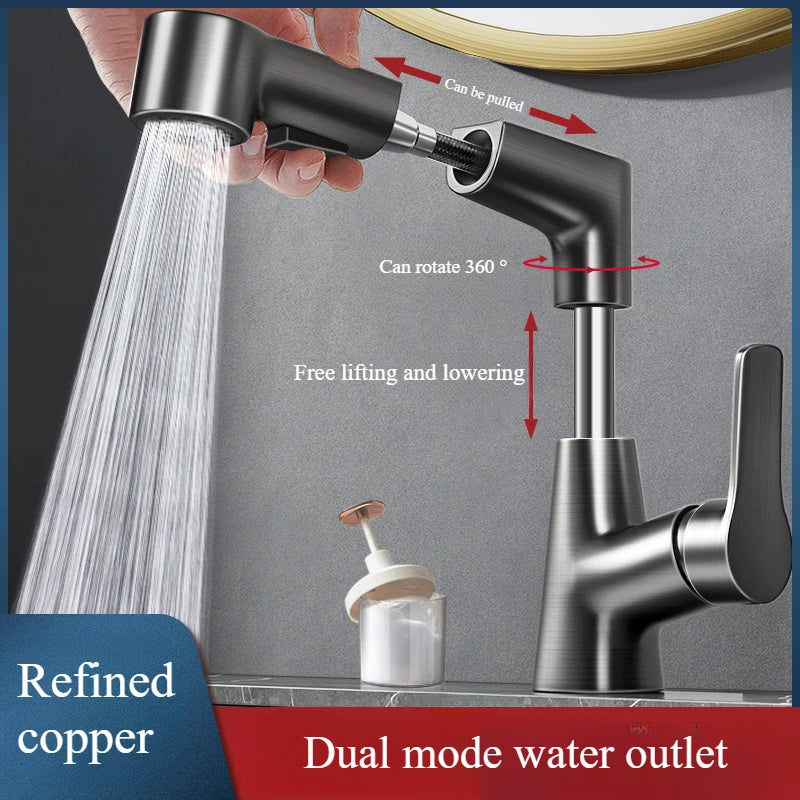Basin Faucet Bathroom Pull Out Lift Mixer Tap Hot & Cold Water 360° Lift Up and Down Bathroom Sink Faucet