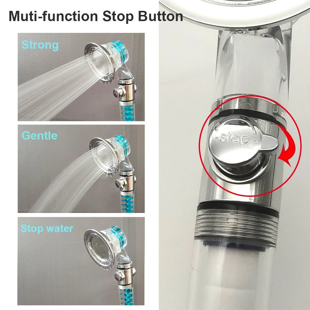 Turbo Propeller Big Boost Shower Head With Filter Stop Button 3 Modes Adjustable Spray Nozzle High Pressure Bathroom Shower Head