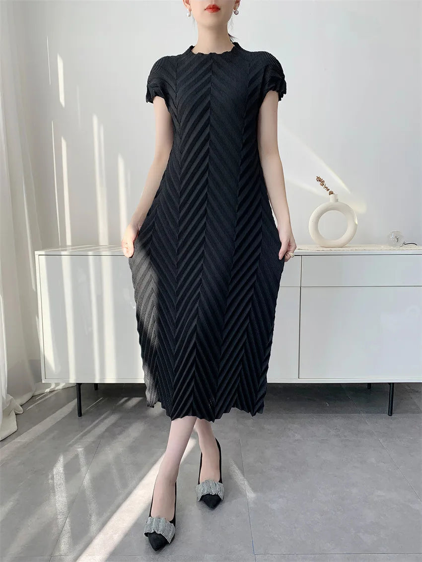 Miyake Handmade Pleated Dress Women's 2026 Spring New Solid Color Half-high Collar Sleeves Pullover Elegant Pleated Skirt