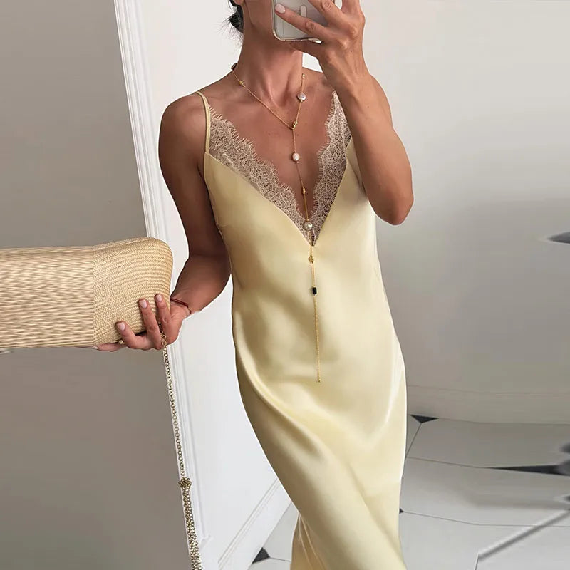 Elegant Women's Stain Lace Sling Long Dress Loose Sleeveless V-neck Backless Solid Dresses 2026 Spring Summer Lady Party Robes