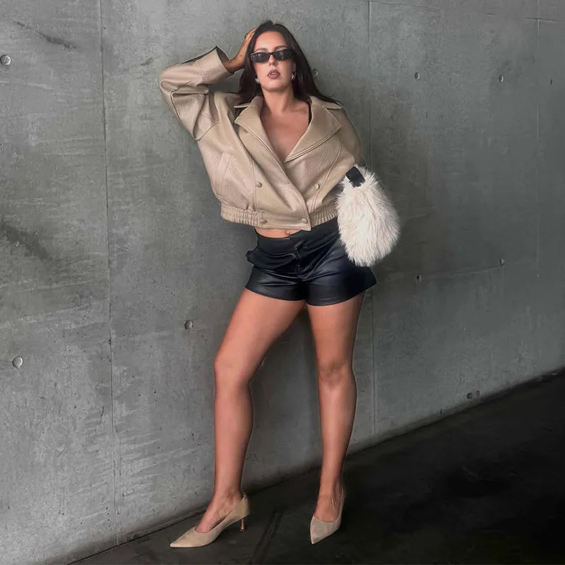 High Street Leather Jackets Women's Casual Double-breasted Turn Down Collar Loose Coats Elastic Waist 2026 Autumn New Outwear
