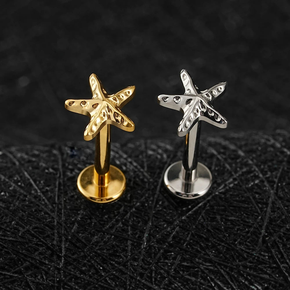 Right Grand ASTM F136 Titanium Tiny Starfish Cartilage Earring 16G Flat Back Labret Helix Stud Earlobe Piercing Summer Jewelry