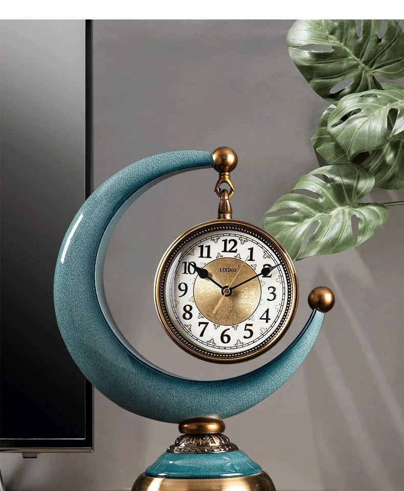 Luxury Mechanical Table Clock Silent Watch Desk Clock Living Room Desktop Retro Moon Table Decoration & Accessories Gift