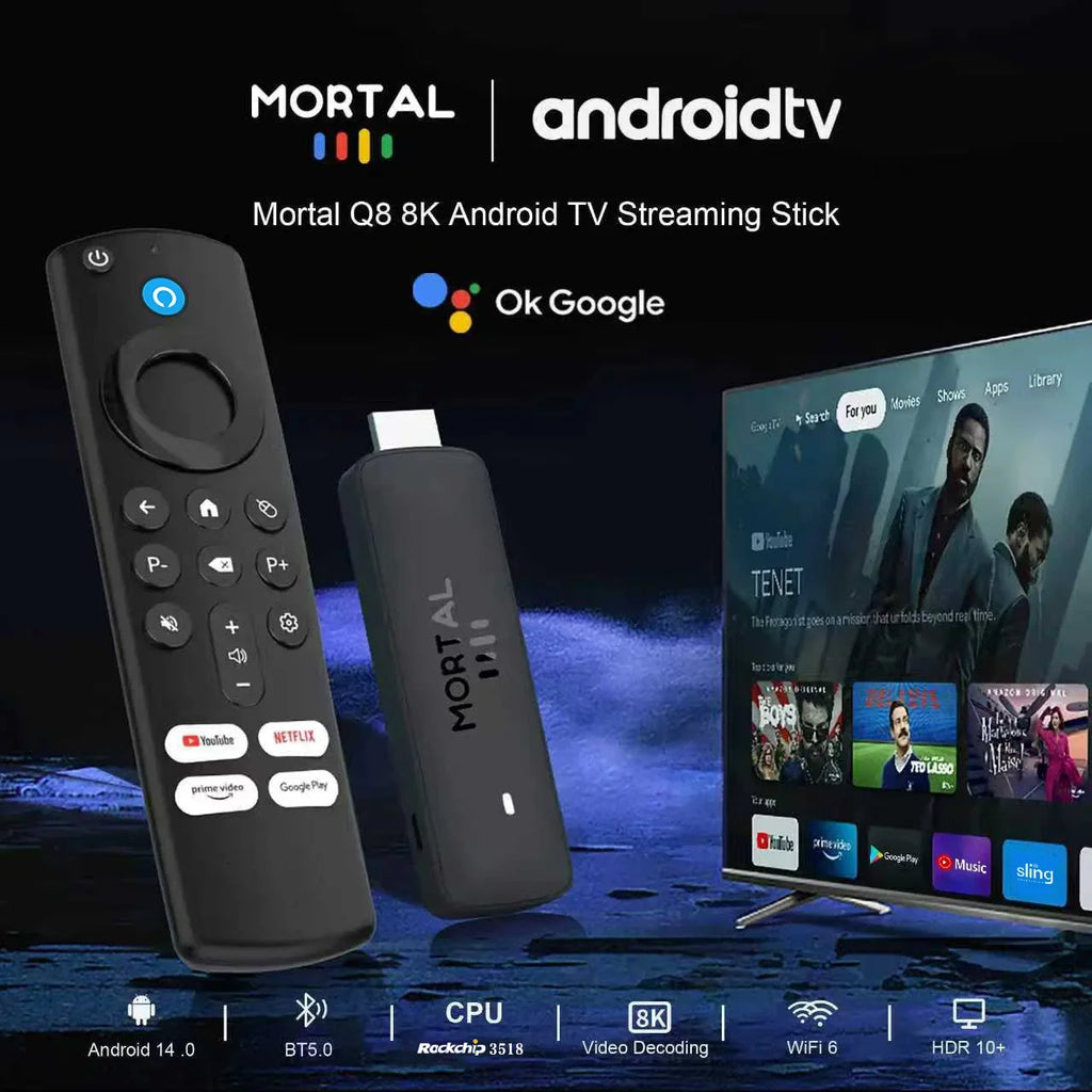 Mortal Q8 Android14 TV stick WIFI6 Voice Control TV stick  8K video RK3518 Netflix YouTube Tv box Free Live TV Streaming
