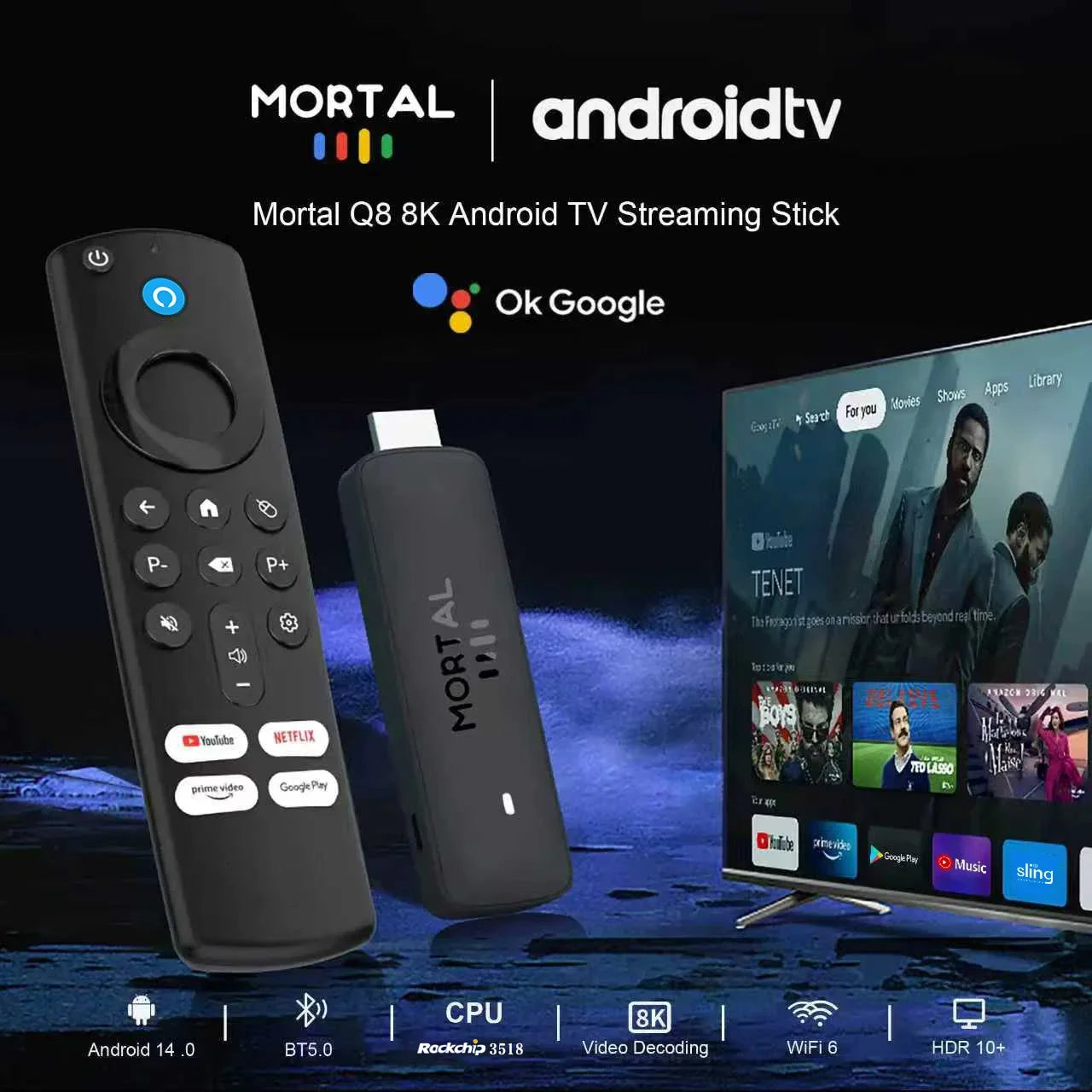 Mortal Q8 Android14 TV stick WIFI6 Voice Control TV stick  8K video RK3518 Netflix YouTube Tv box Free Live TV Streaming