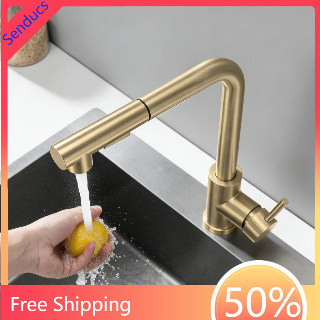 Stainless Steel Kitchen Sink Faucet Pull Out Sprayer Hot Cold Water Mixer Tap Deck Mounted Single Hole Modern Kitchen Tap