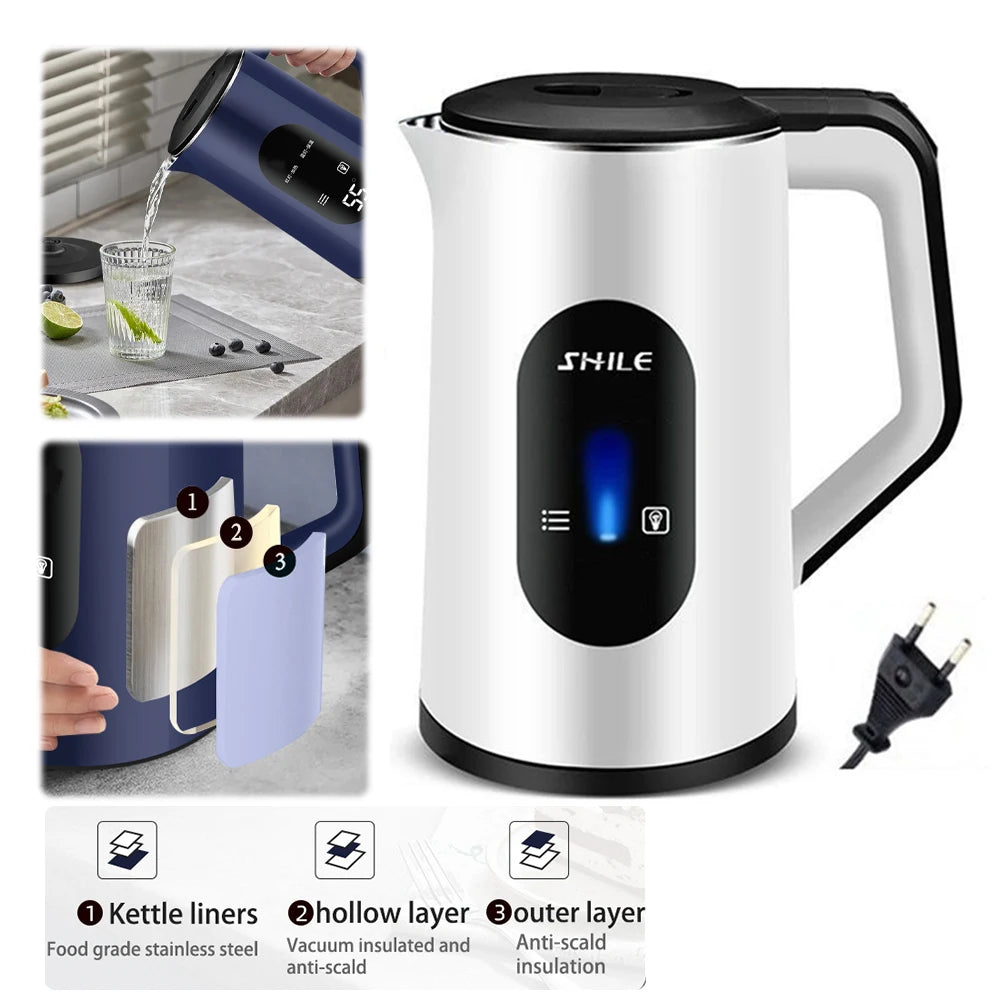 2.2L Stainless Steel Electric Large Tea Kettle 1500W Fast Boil Hot Water Boiler Thermal Water Kettle for Making Tea and Coffee
