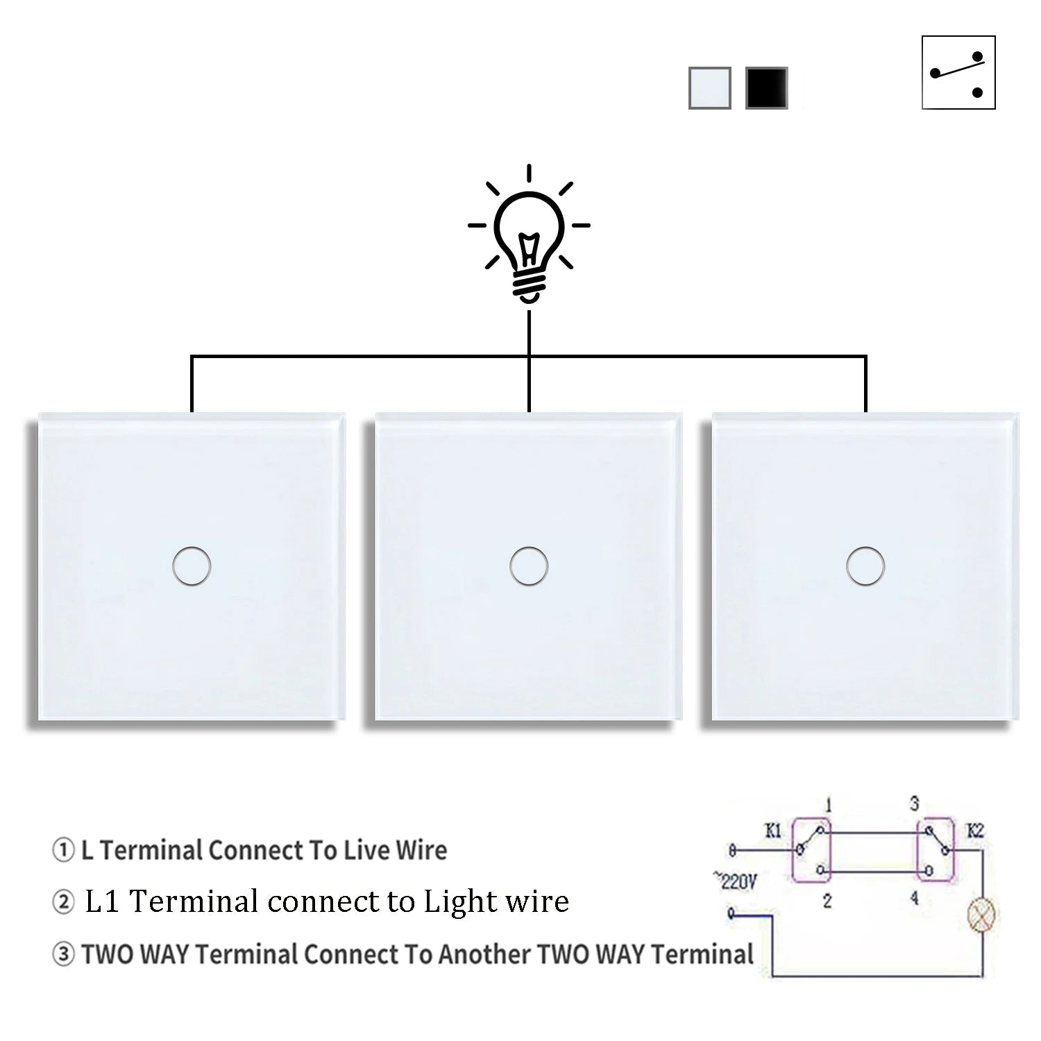 1gang 2way 3way Touch Switch Wall Light Switches No Neutral Wire With Tempered Glass 240V No Wifi No RF433