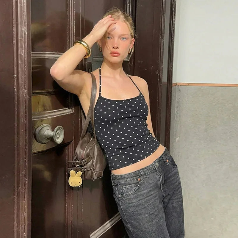 Fashion Polka Dot Halter Neck Tank Top Women Slim Fit Thin Strap Sleeveless Casual Summer Camisole
