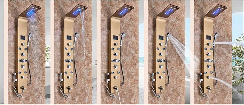 LED Light Bathroom Shower Panel Intelligent LCD Shower Column System with 6 Modes Rain Waterfall Massage Jet Bath Mixer Tap