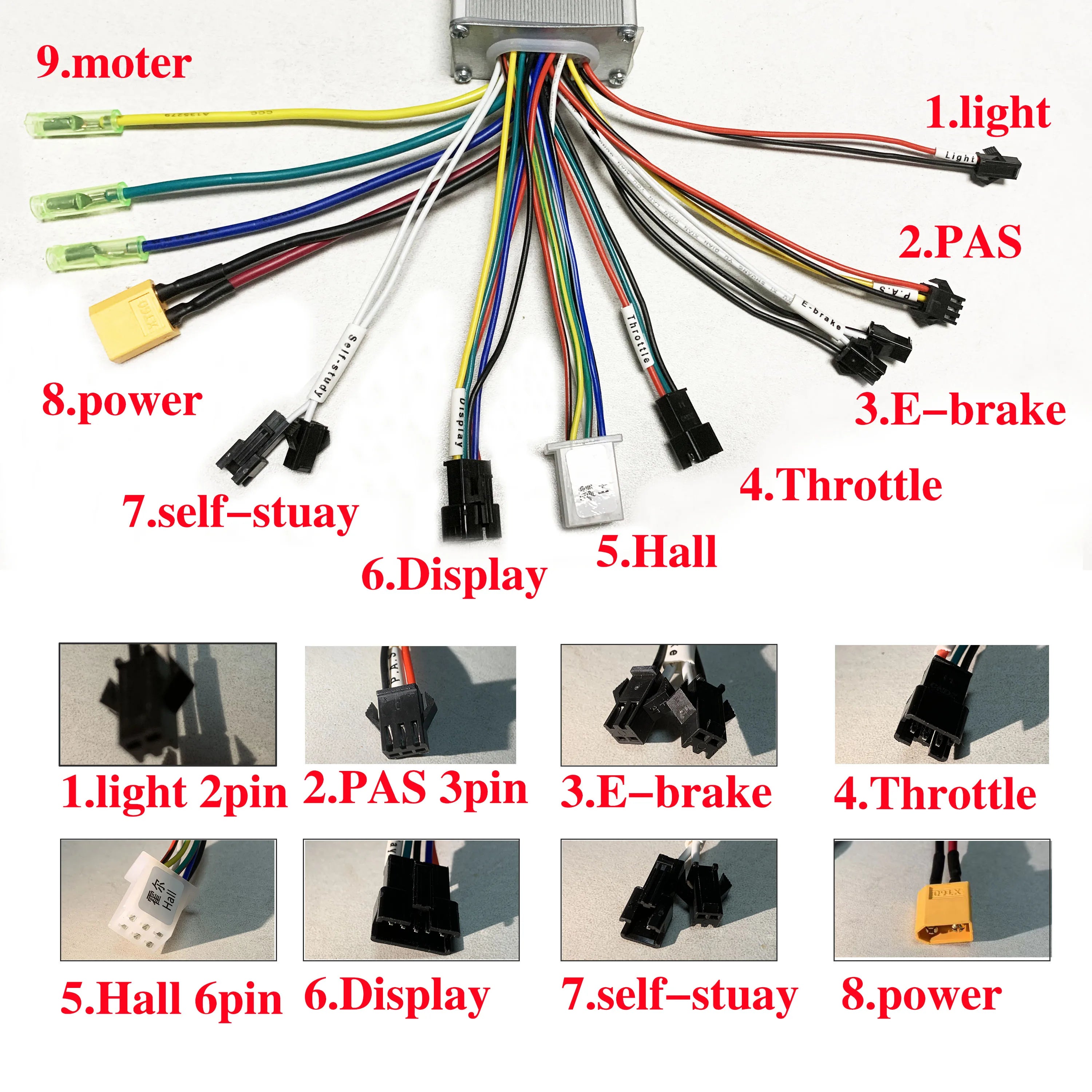 E-Scooter Brushless Motor Controller 9 MOSFET 24V 36V 48V 350W 500W 25A-30A With UART No.2 LCD Display, PAS,Throttle for E-Bike
